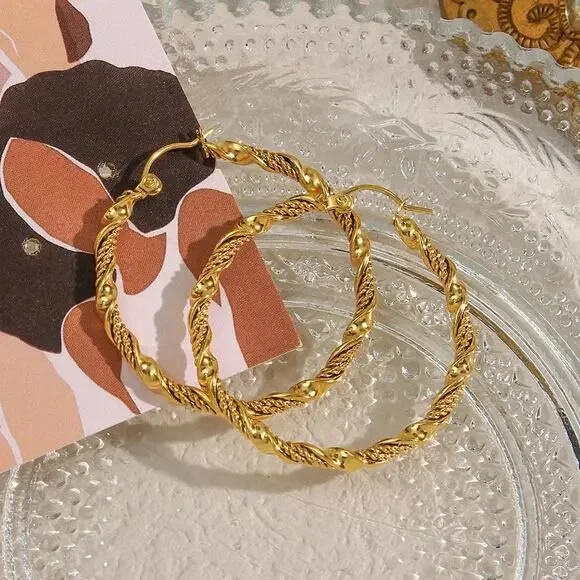Large Twisted 18K Gold-Plated Hoop Earrings - Picture 9 of 11